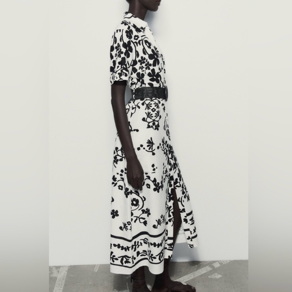 Linen Blend Zara Shirt Dress Minimalist Black White Print Button Down Pockets XL - Picture 4 of 16